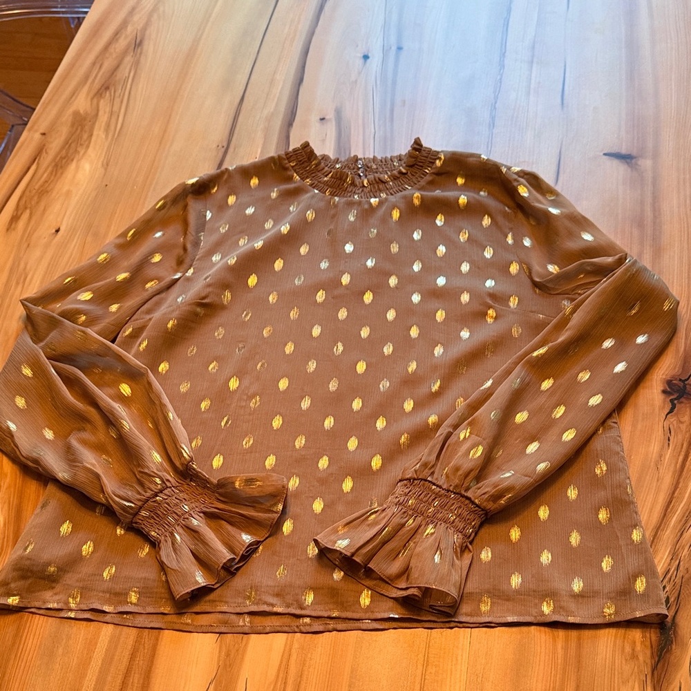 Pomander Place Brown Blouse with Gold Accents